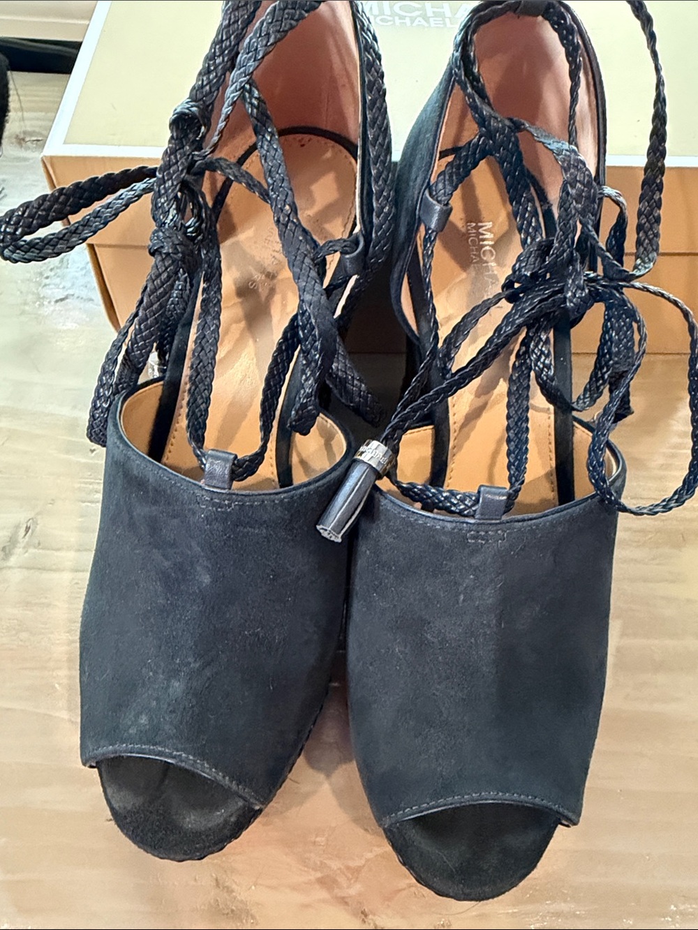 MICHAEL Michael Kors Black Suede Peep-Toe Lace-Up Wedge Sandals